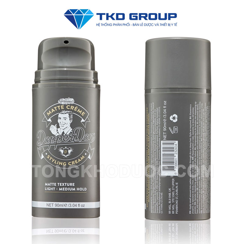 Thông tin sản phẩm kem tạo kiểu tóc Dapper Dan Matte Cream được in rõ trên vỏ chai